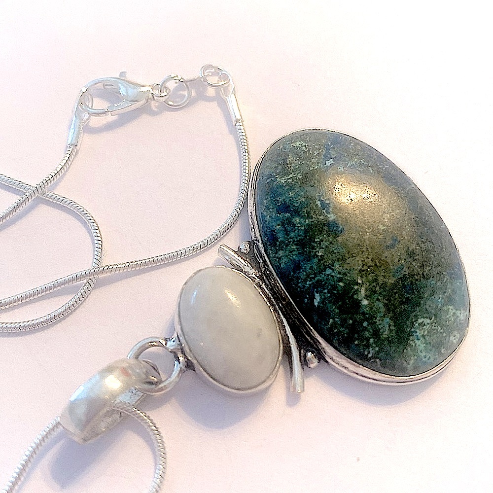 1 1/2 inch, Chrysocolla and Rainbow moonstone pendant - Picture 5 of 6